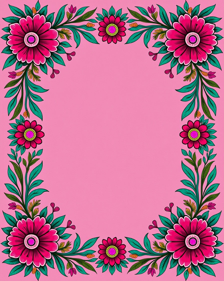Bright Fuchsia Floral Vine Border Rug