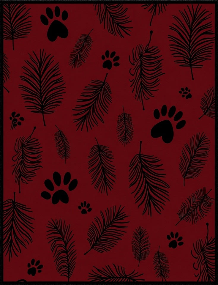Deep Red Palm Leaf Paw Print Repeat Rug