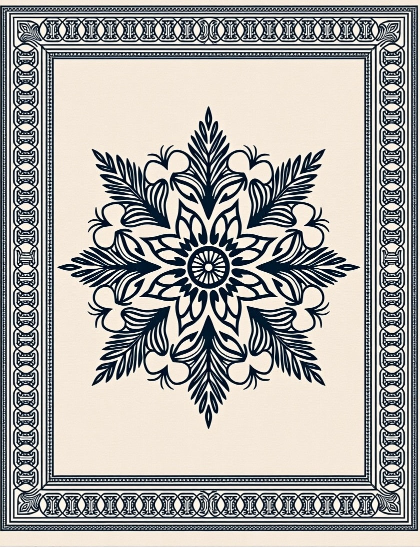 Deep Navy Floral Medallion Ivory Frame Rug