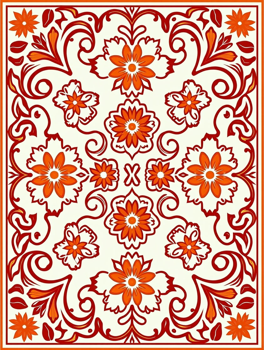 Crimson Orange Folkloric Floral Medallion Rug