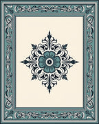 Teal and cream floral ornate frame Rug