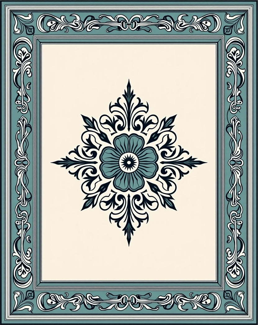Teal and cream floral ornate frame Rug