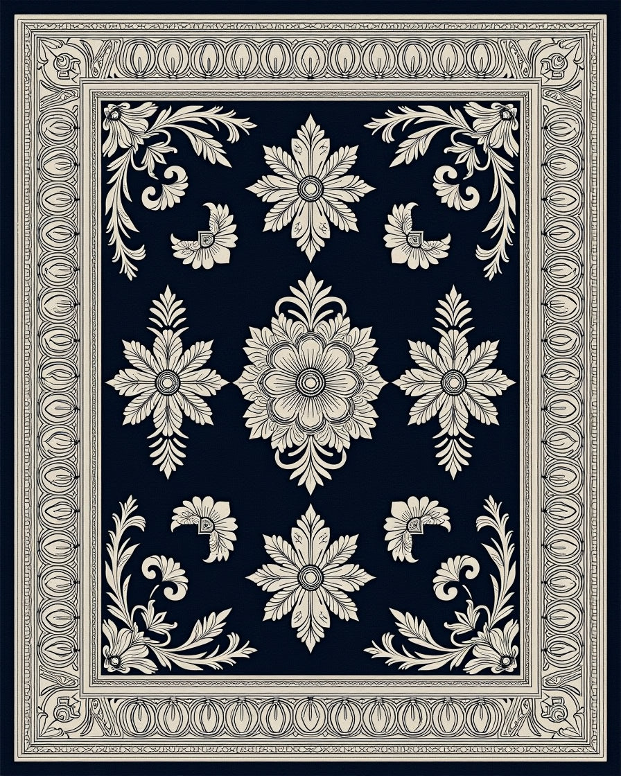 Dark Blue Floral Medallion Garden Rug