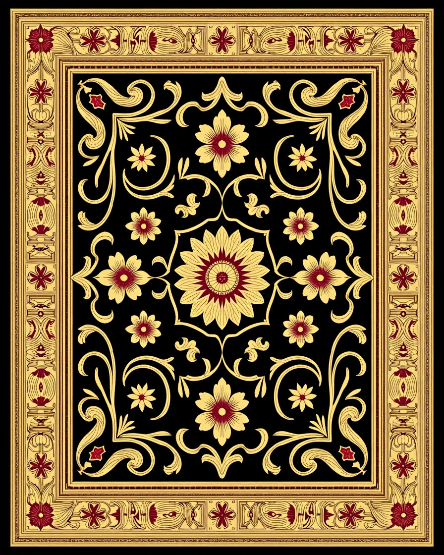 Ornate Crimson Gold Blooming Vine Rug