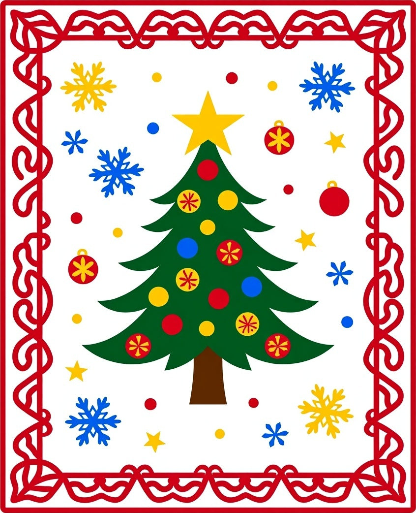 Festive Christmas Tree Snowflakes Border Rug