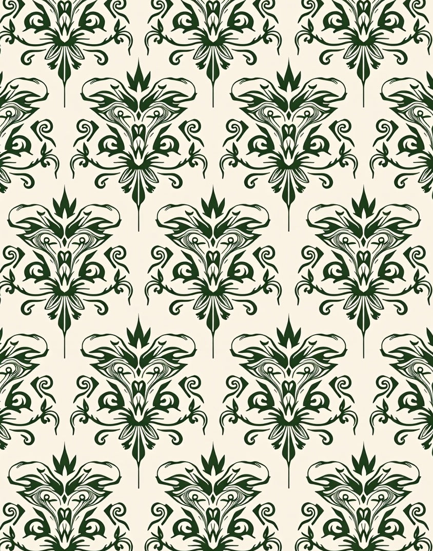 Dark Green Damask Scrollwork Rug
