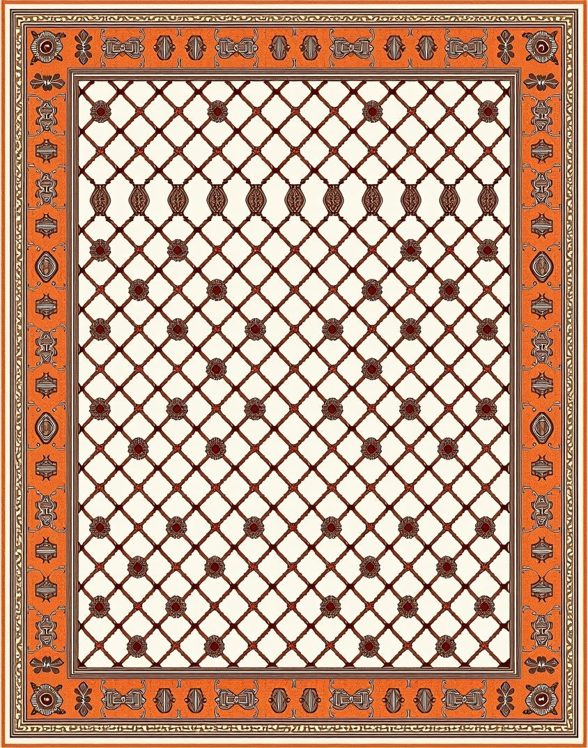 Orange Lattice Medallion Cream Border Rug