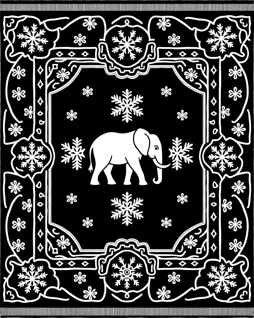 Black White Elephant Snowflake Frame Rug