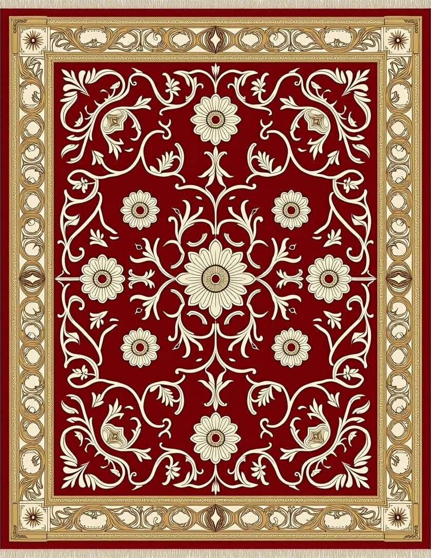 Ornate Crimson Floral Garden Rug