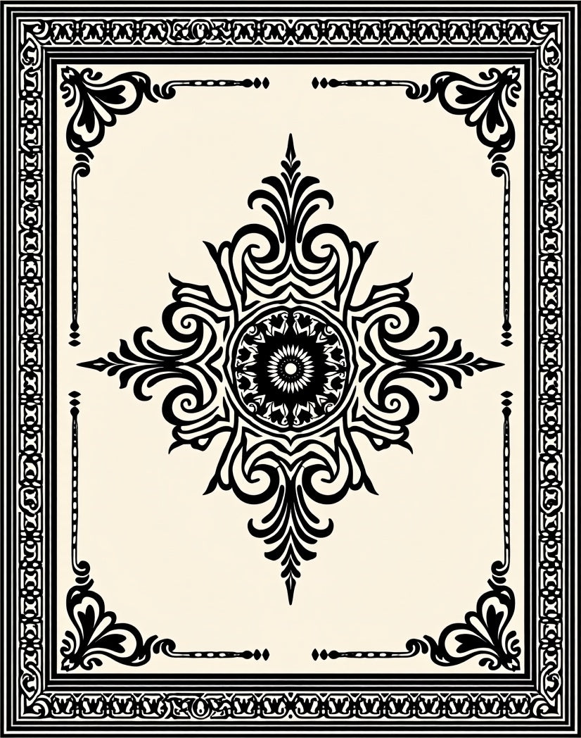 Cream Black Ornamental Floral Medallion Rug