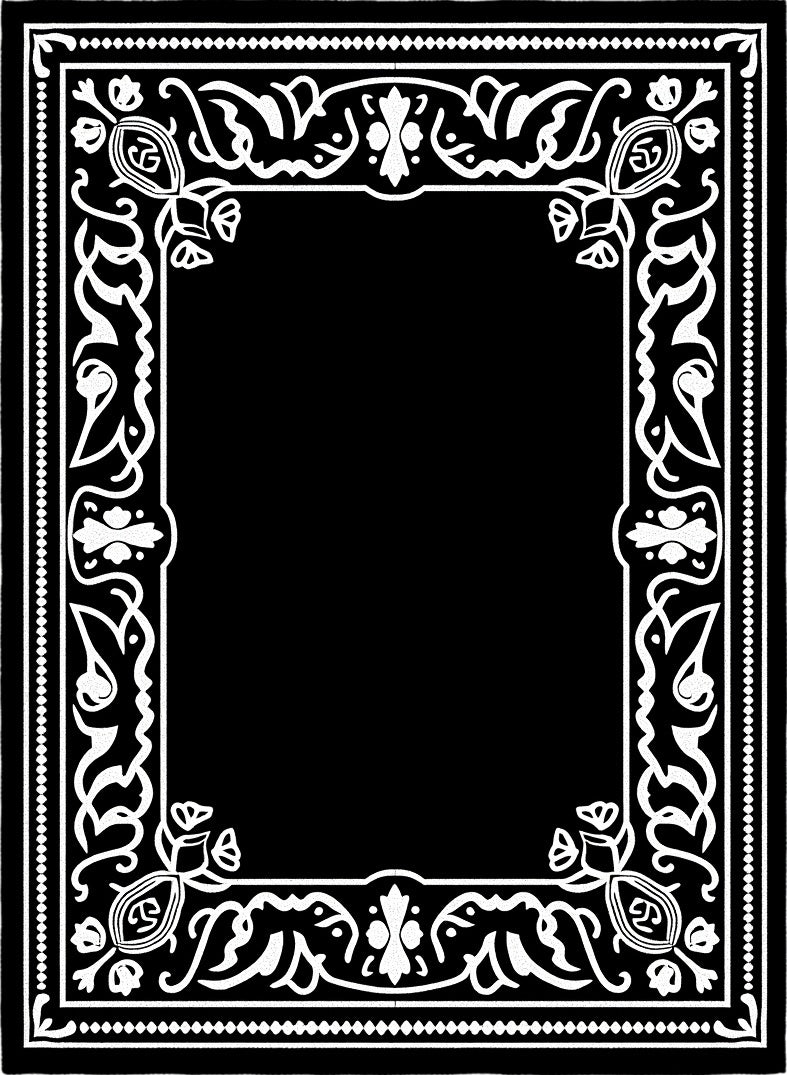 Black White Ornate Floral Border Rug
