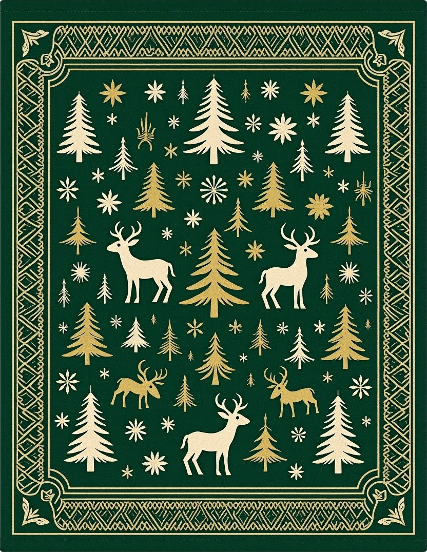 Forest Deer Evergreen Trees Snowflakes Rug