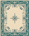 Teal Floral Cream Medallion Border Rug