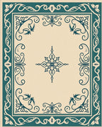 Teal Floral Cream Medallion Border Rug