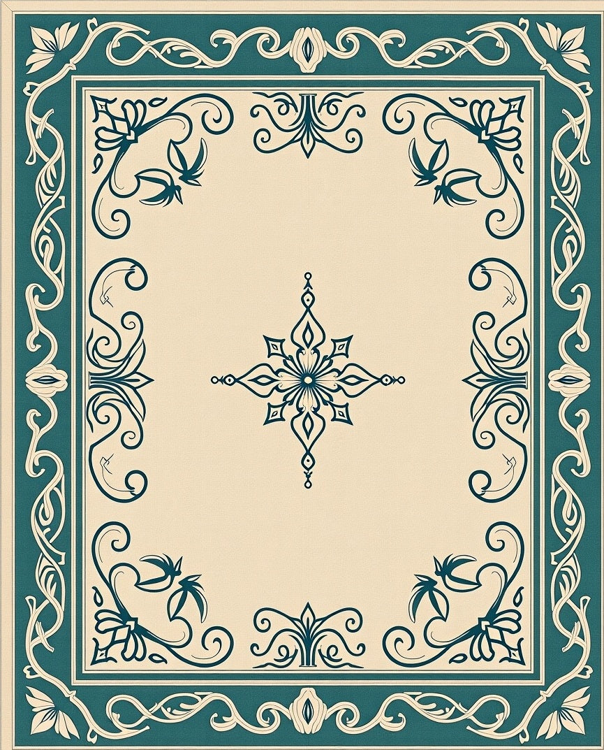Teal Floral Cream Medallion Border Rug
