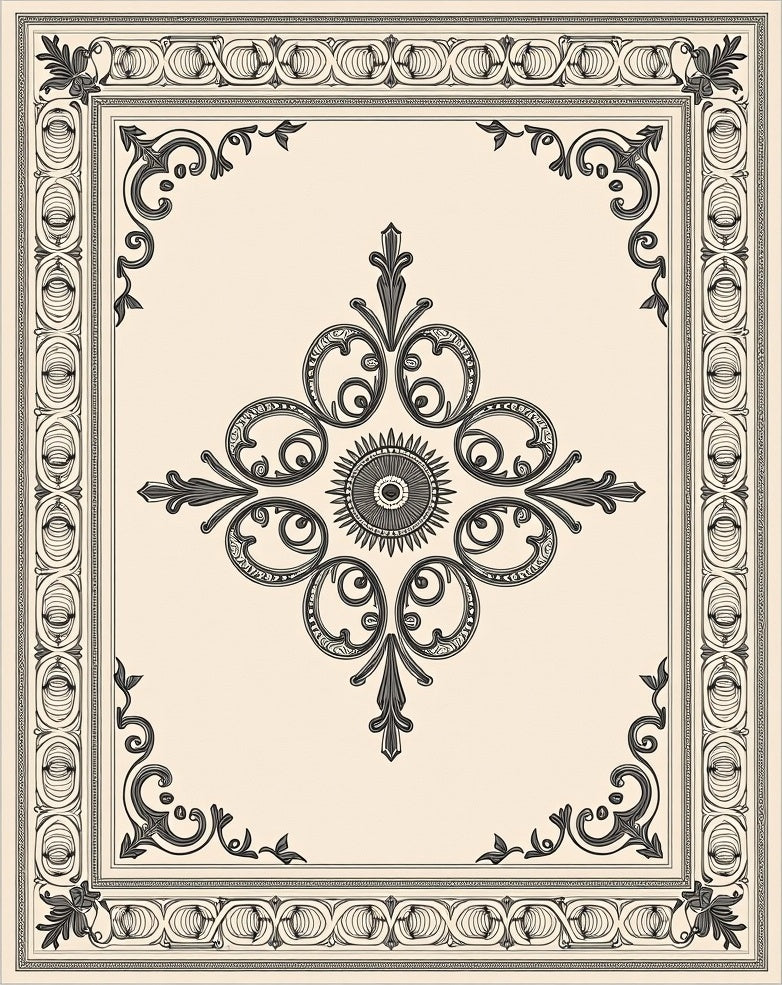 Ornate Ivory and Dark Gray Medallion Rug