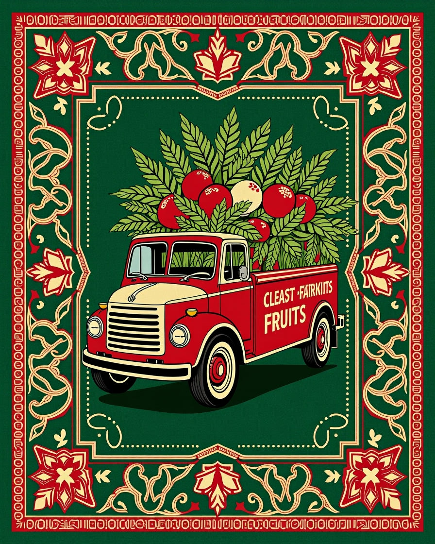 Vintage Festive Red Truck Fruit Border Rug
