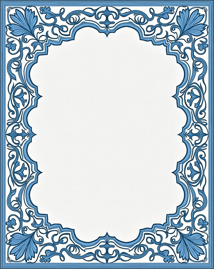 Ornate Blue Leaf Scroll Frame Rug