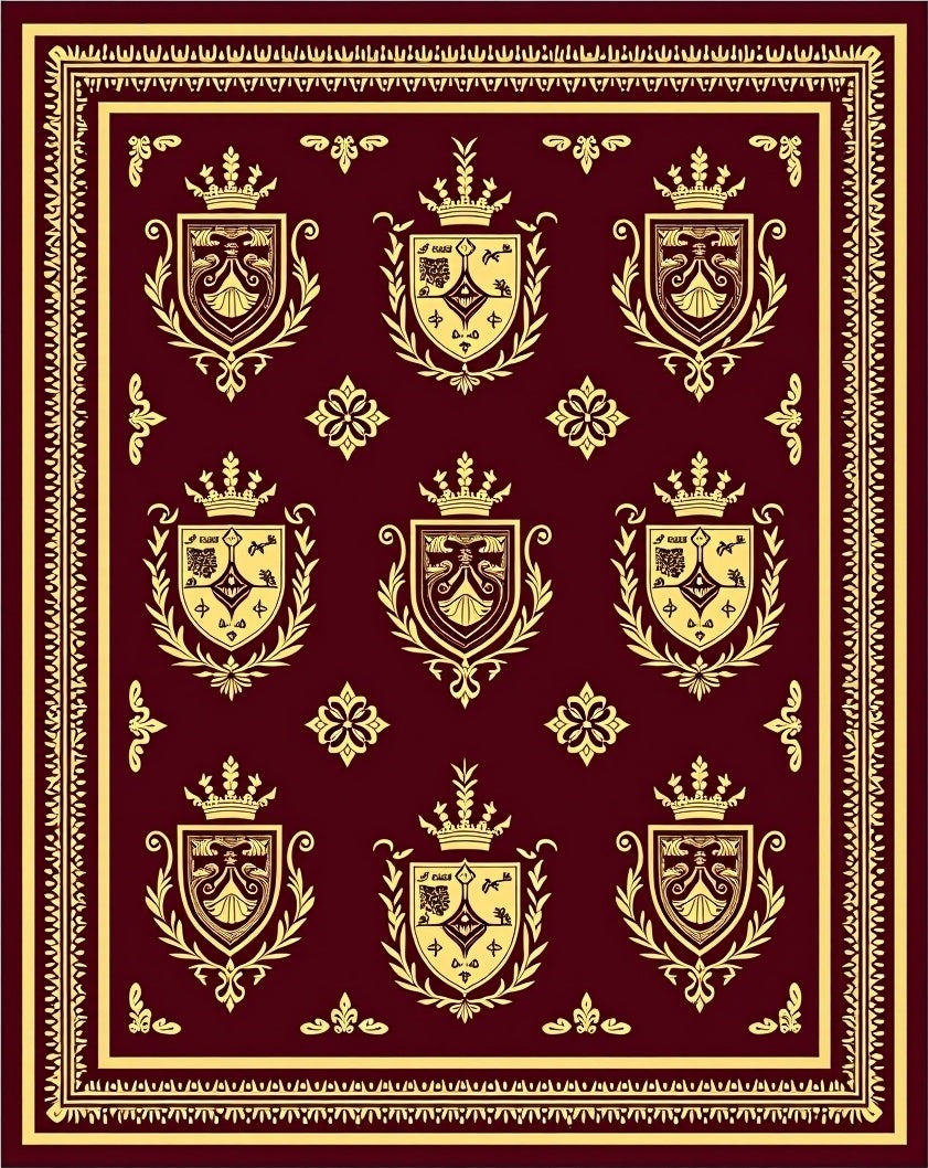 Regal Crests Bordered Crimson Gold Rug