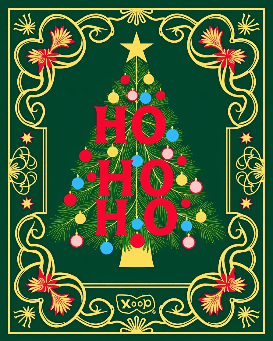 Festive Green Christmas Tree Ho Ho Ho Rug