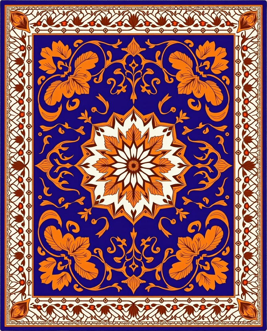 Vibrant Blue Orange Medallion Floral Rug