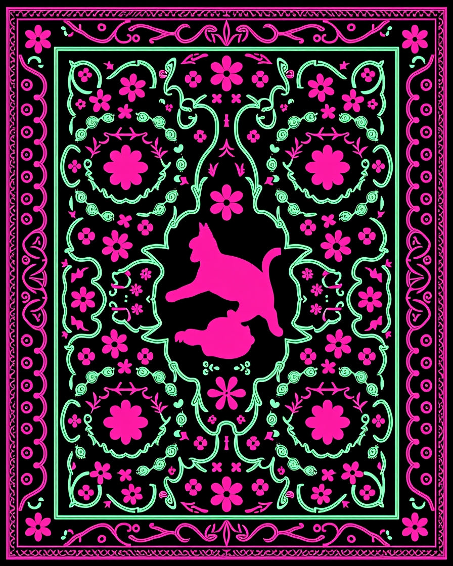 Vibrant Pink Mint Cat Floral Border Rug