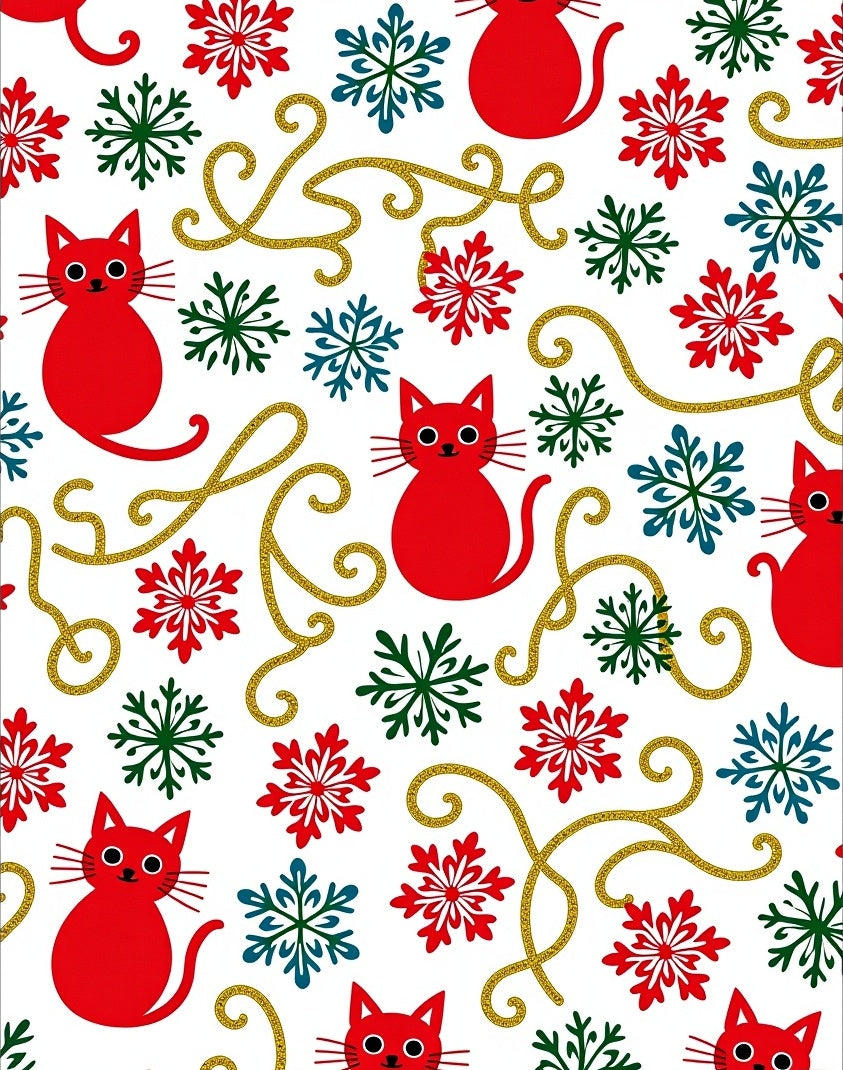 Red Cats Snowflakes Glittering Curls Rug