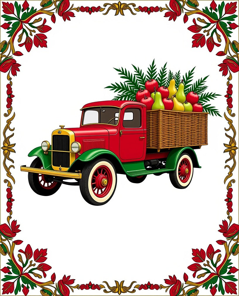 Vintage Red Truck Fruitbasket Border Rug