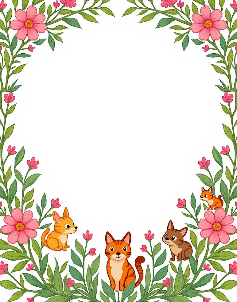 Pink Floral Garden Cats and Puppies Rug