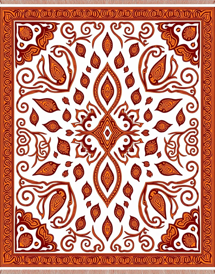 Rustic Orange Paisley Floral Border Rug