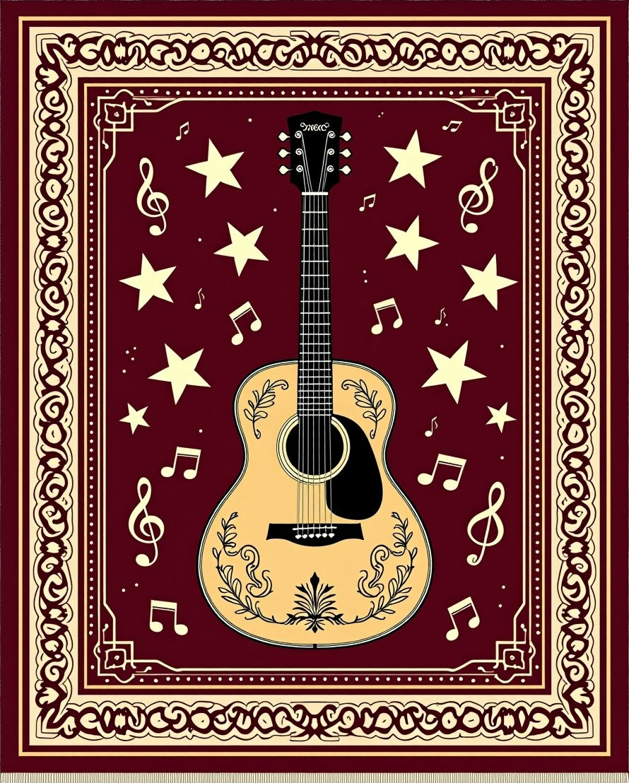 Burgundy Guitar Star Music Notes Rug