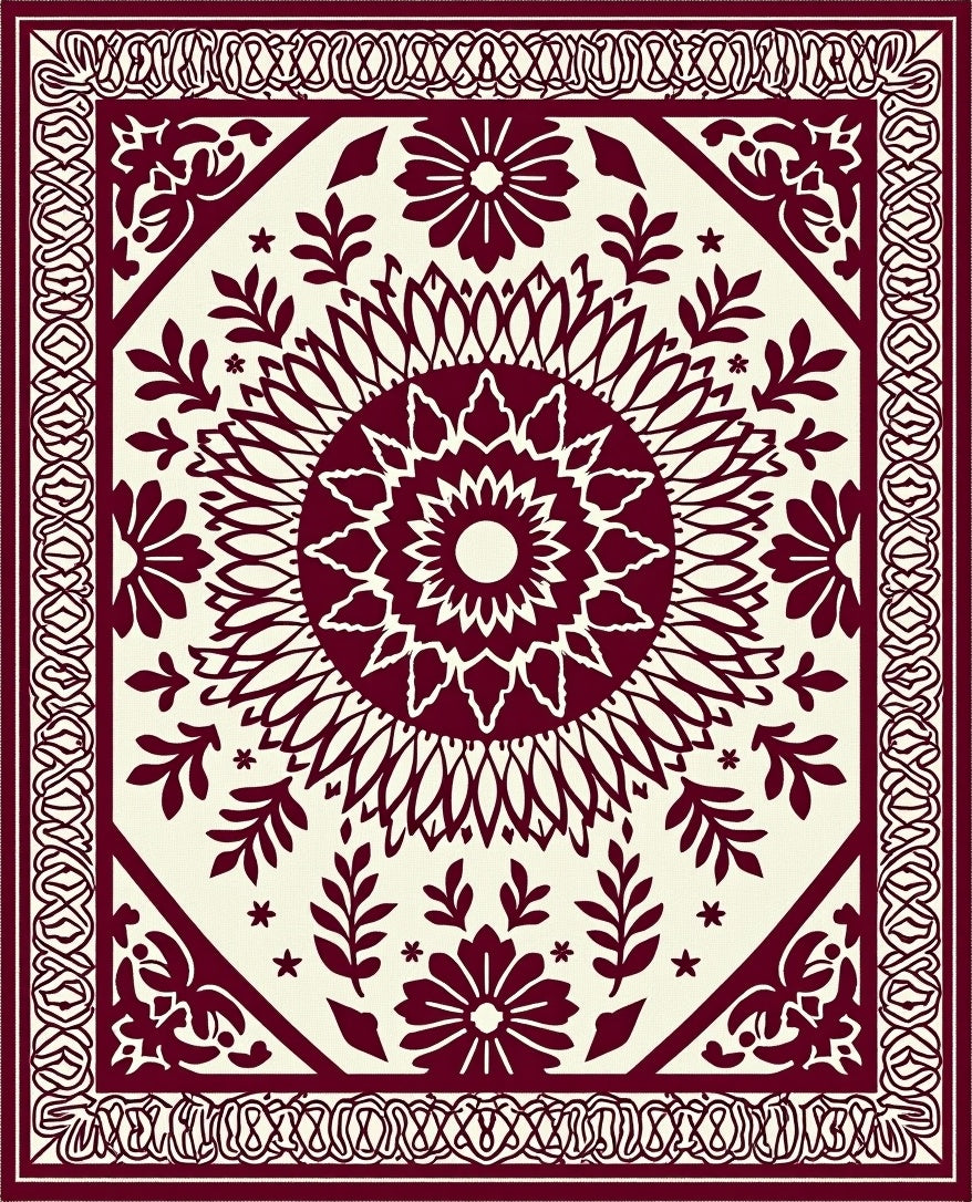 Deep Red Sunburst Geometric Botanical Rug