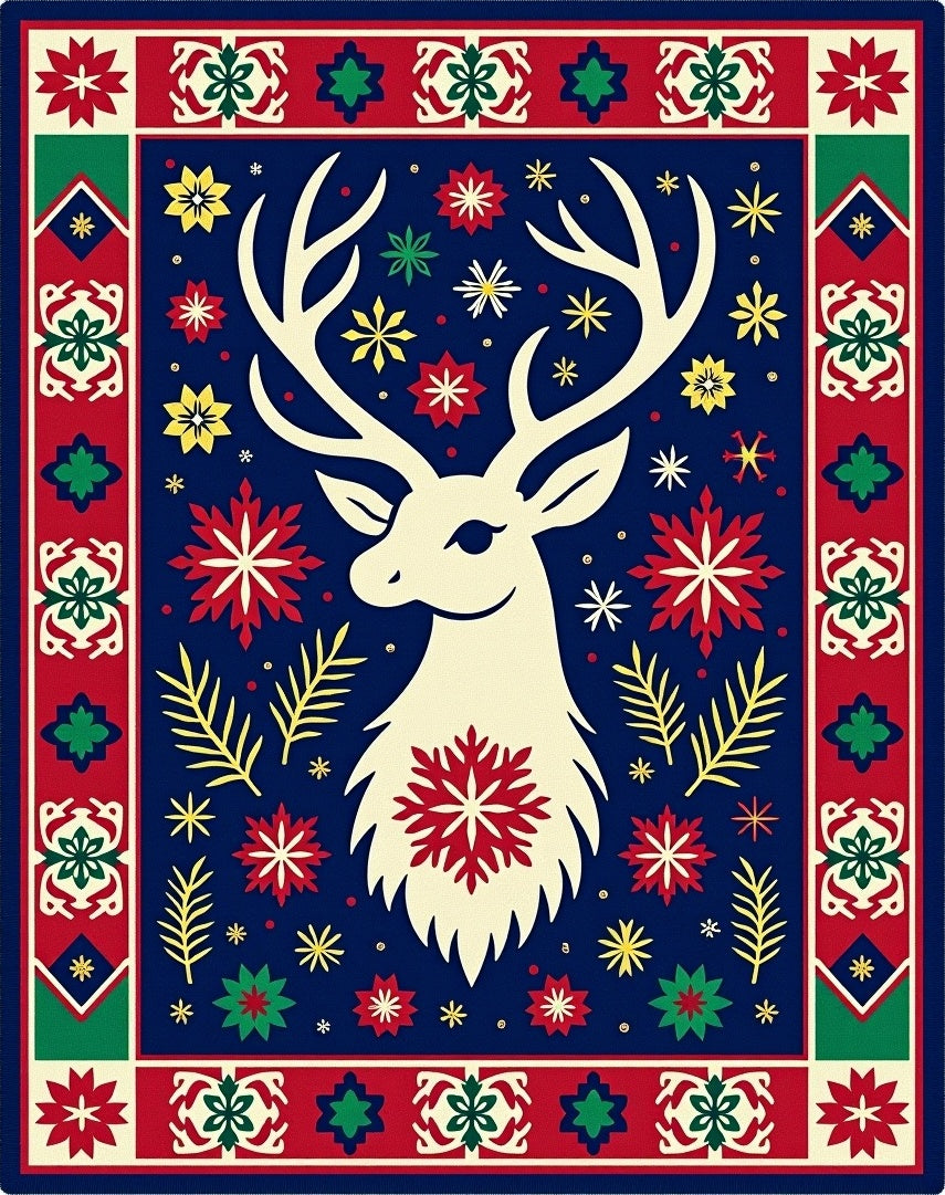 Festive Reindeer Snowflake Border Rug