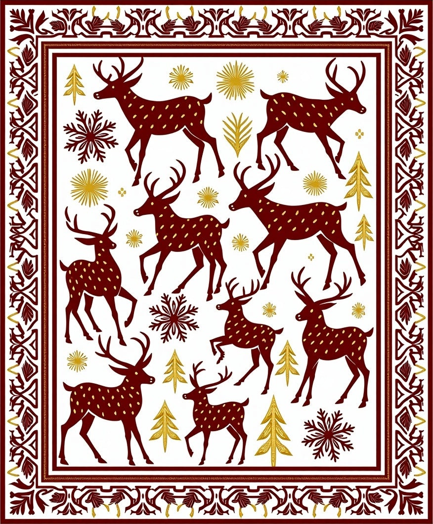 Deep Red Deer Snowflakes Gold Trees Rug