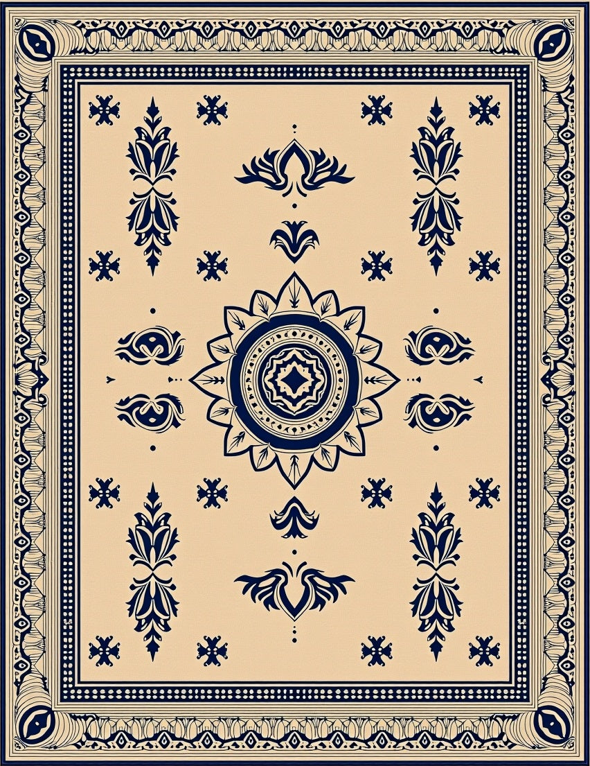 Navy Blue Floral Medallion Tan Rug