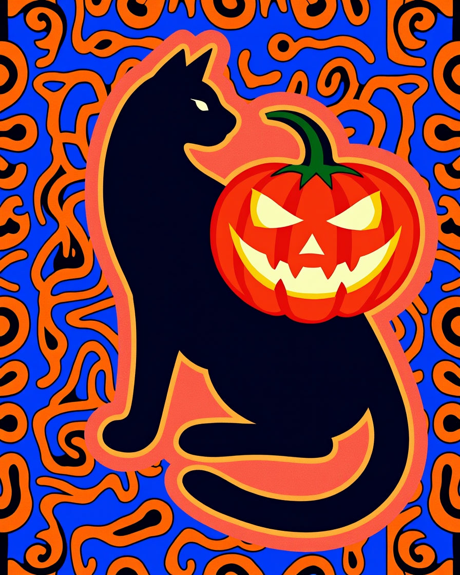 Spooky Black Cat Halloween Pumpkin Rug
