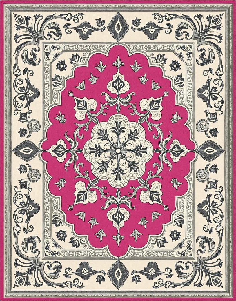 Vibrant Pink Floral Medallion Scrollwork Rug