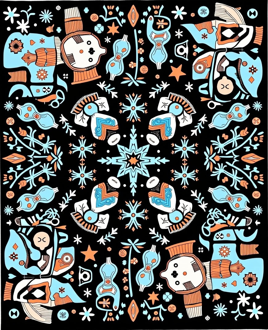 Playful Whimsical Figures Blue Orange Rug