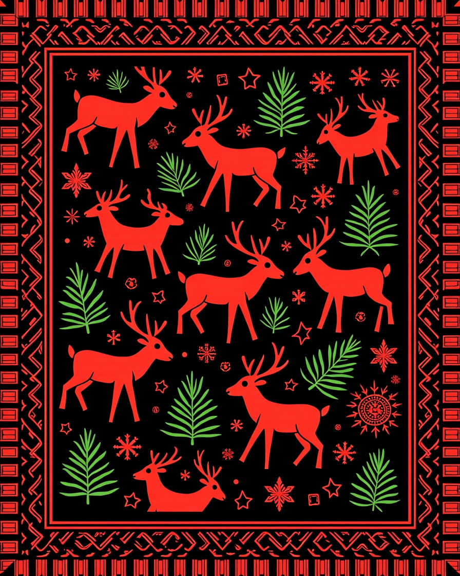 Red Deer And Green Pine Scene Rug