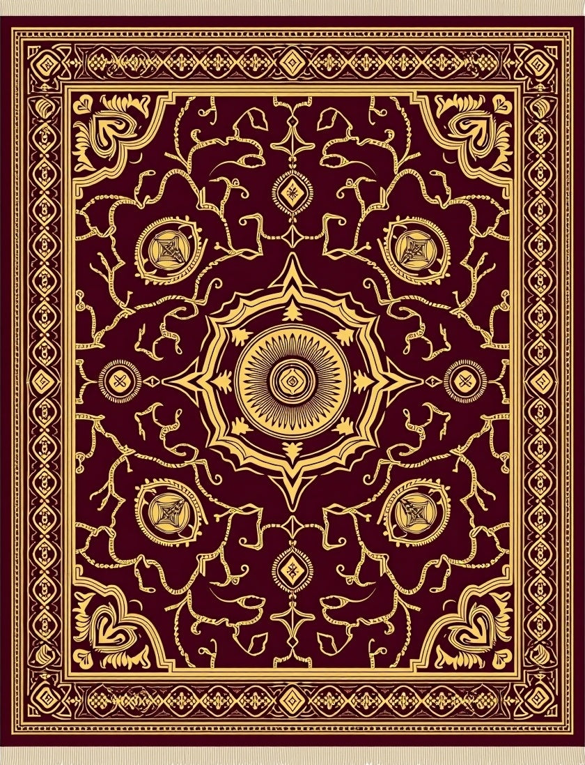 Ornate Burgundy Gold Floral Medallion Rug