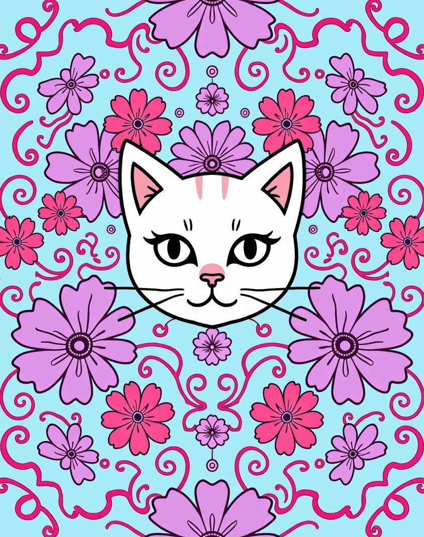 Whimsical White Cat Pink Floral Swirl Rug