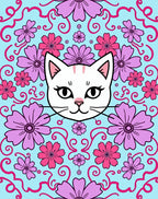 Whimsical White Cat Pink Floral Swirl Rug