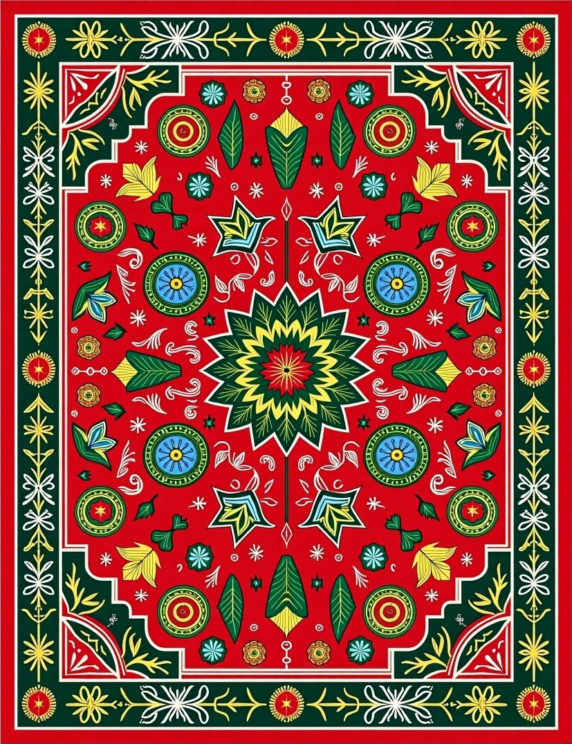 Bold Red Green Yellow Floral Medallion Rug