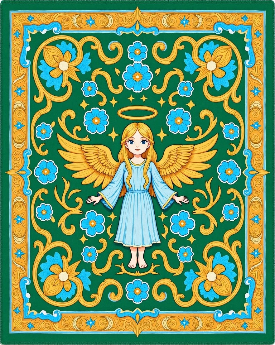 Golden Winged Angel Blue Floral Border Rug