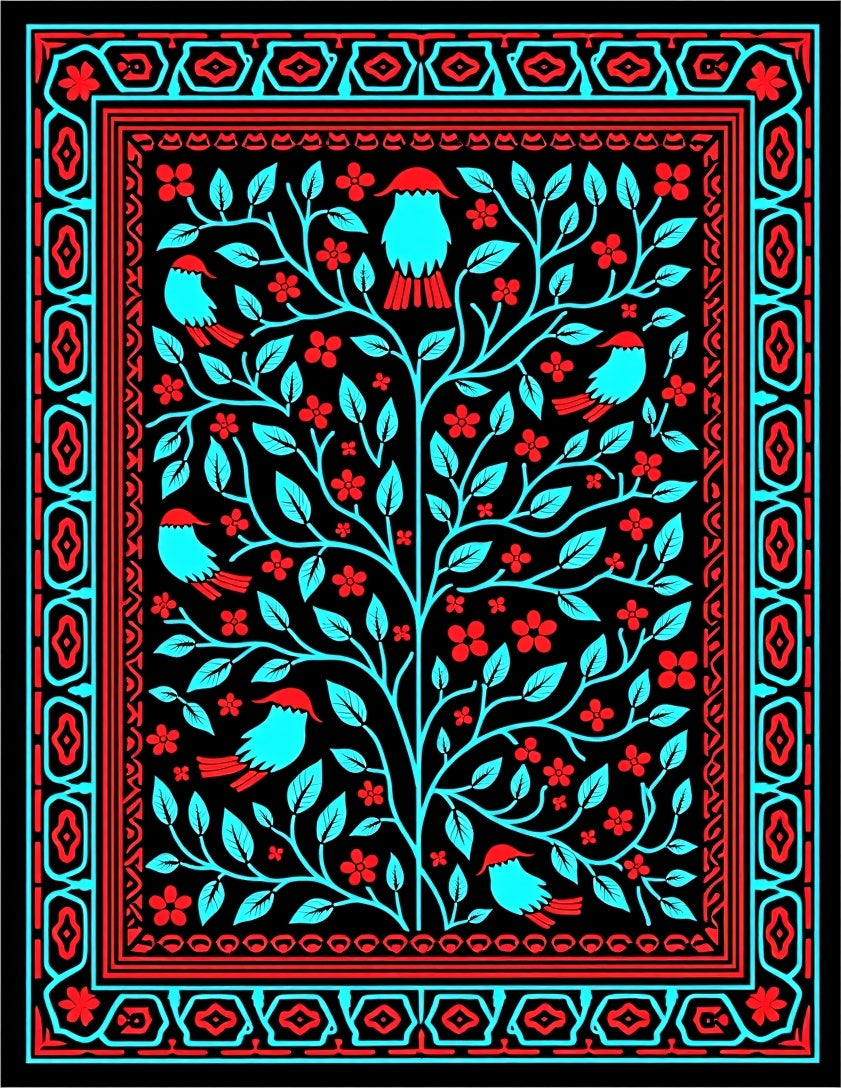 Bold Cyan Birds Red Flowers Tree Rug