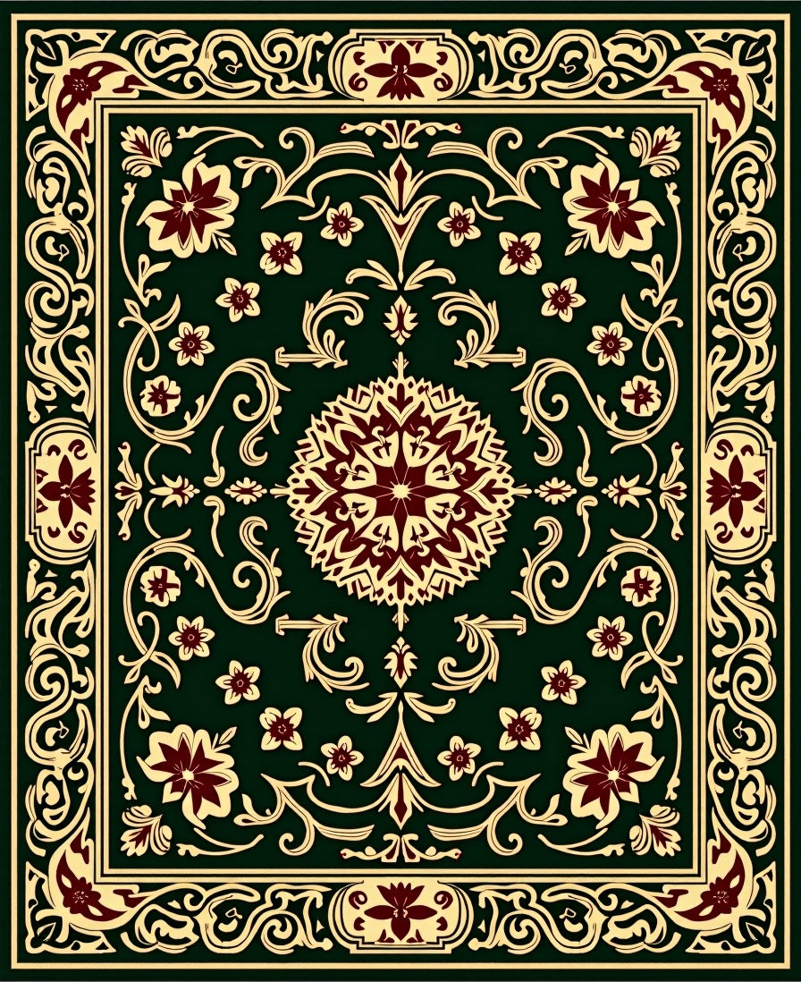 Deep Green Maroon Floral Medallion Rug