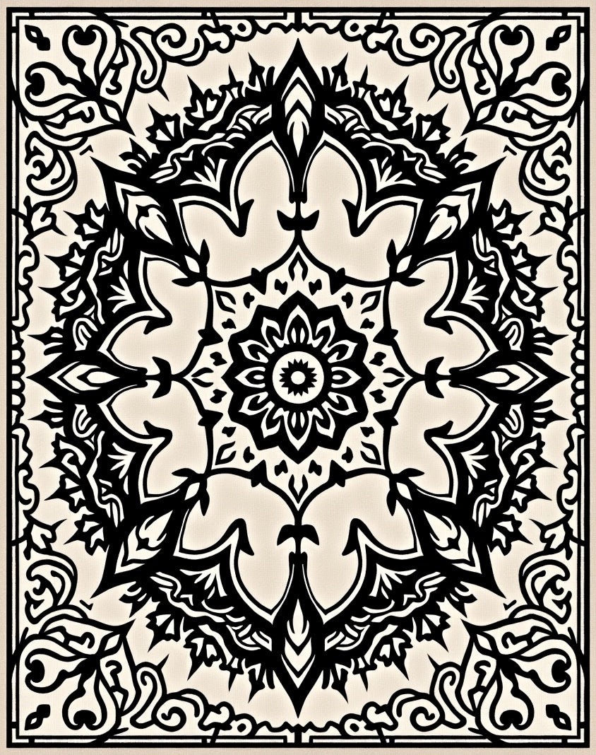 Black Cream Mandala Floral Medallion Rug