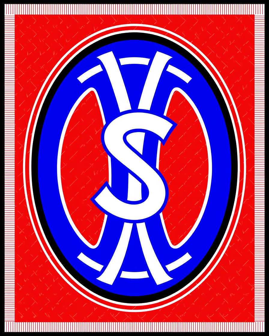 Red and Blue Oval Monogram Emblem Rug