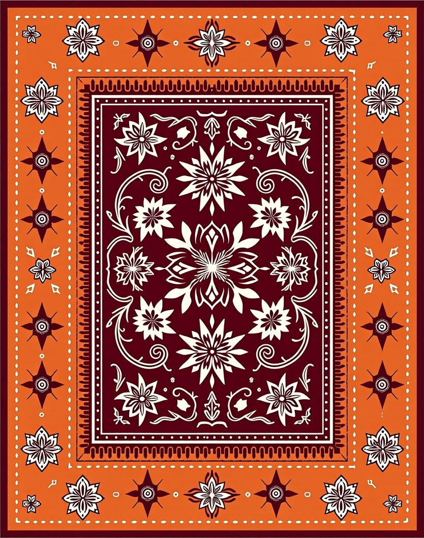 Crimson White Floral Starburst Border Rug