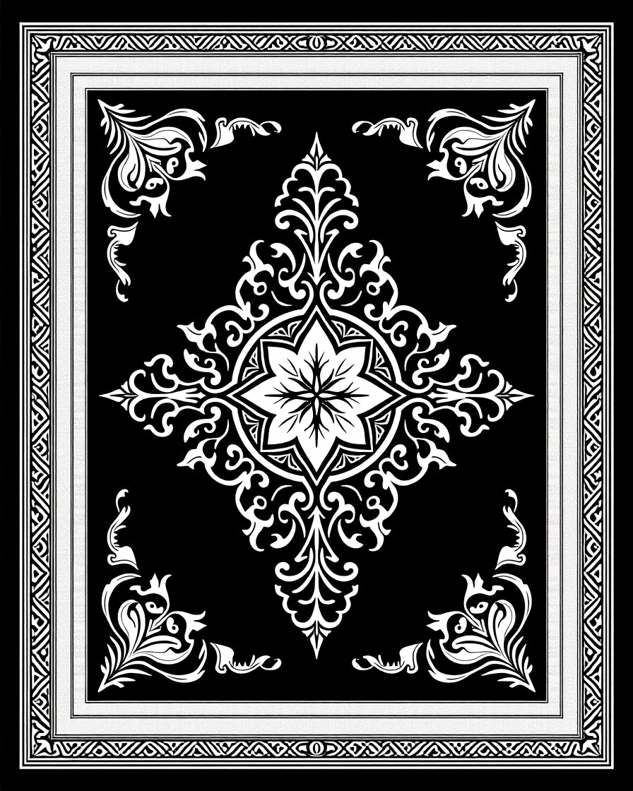 Striking Black White Damask Medallion Rug